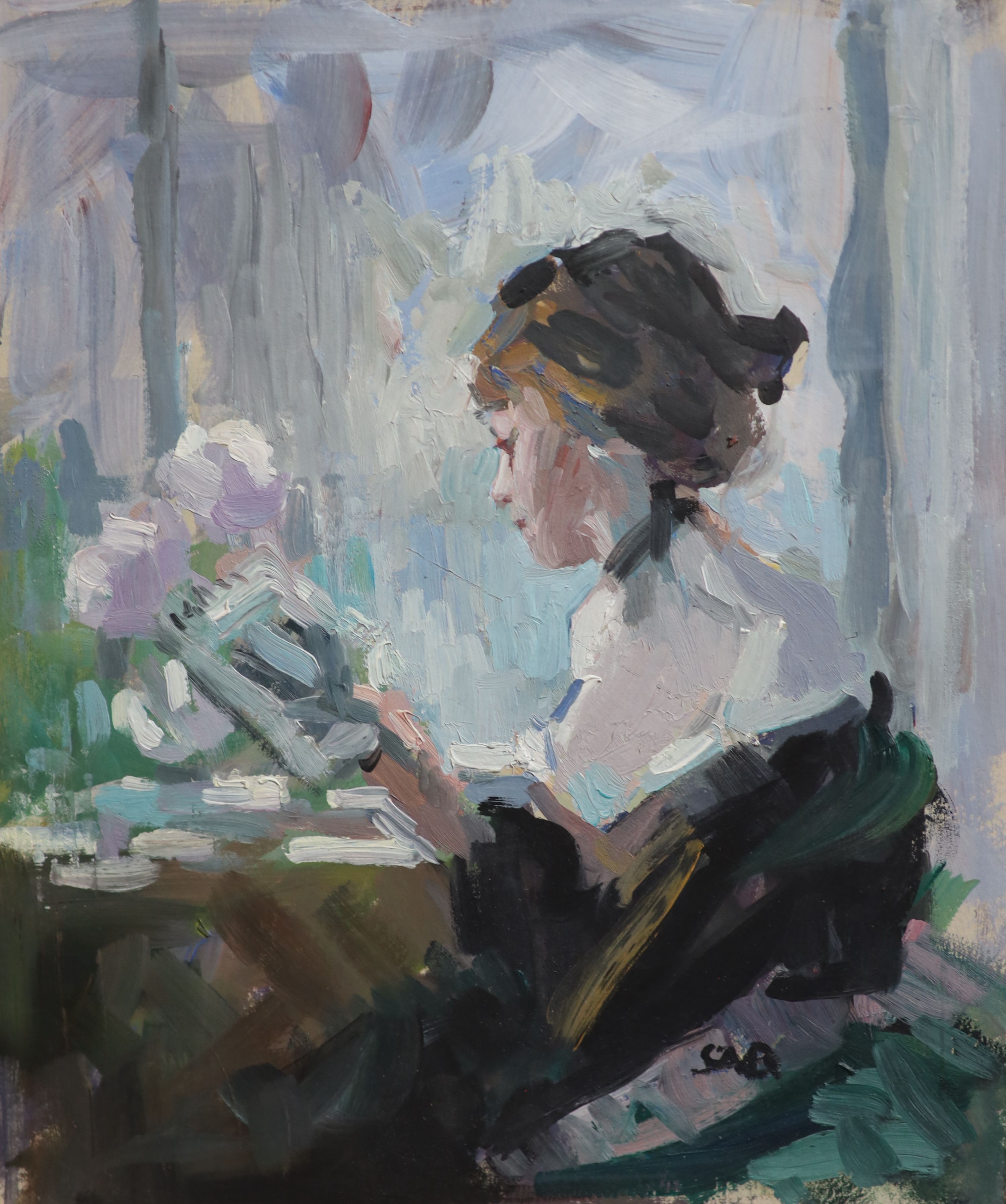 Sherree Valentine Daines (1959-), Interior with woman reading, oil on board, 22 x 18.5 cm.